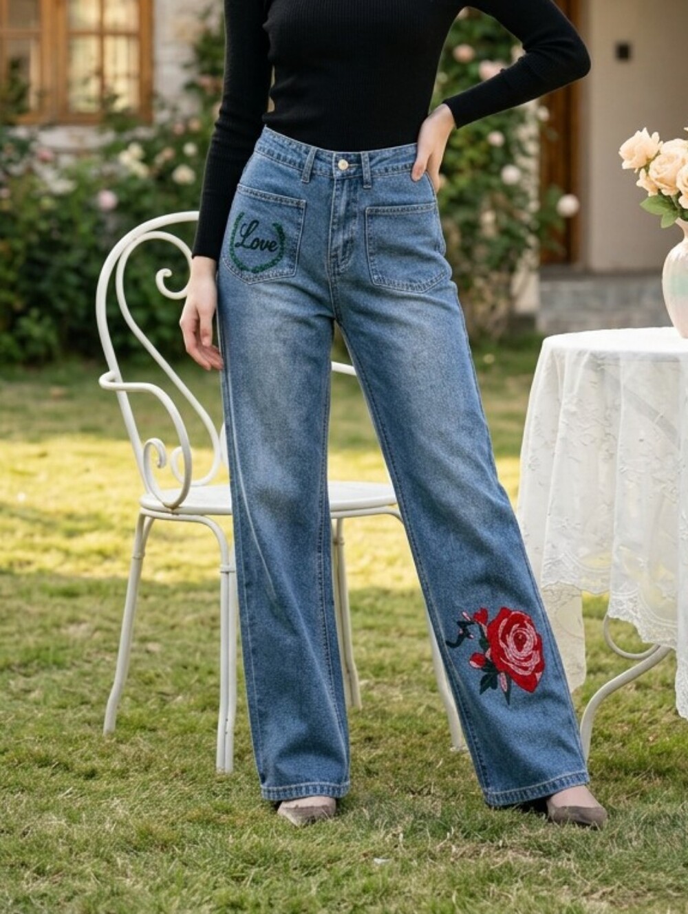 Flamingals Wide Leg Embroidered Love Rose Embroidered Jeans Valentines NWT Small